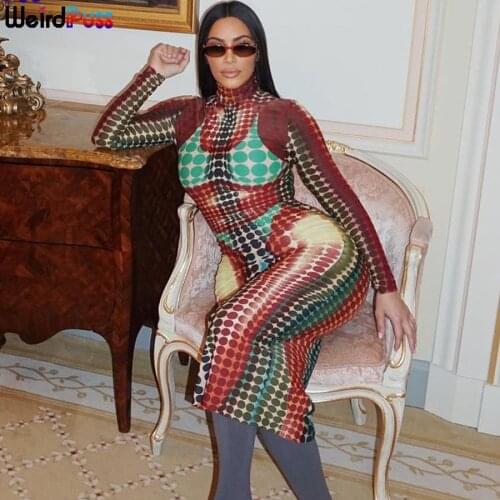 Weird Puss Contrast Trend Skinny Women Bodycon Long Sleeve Aesthetic Print Maxi Dress Turtleneck Fitness Stretchy Slim Clubwear