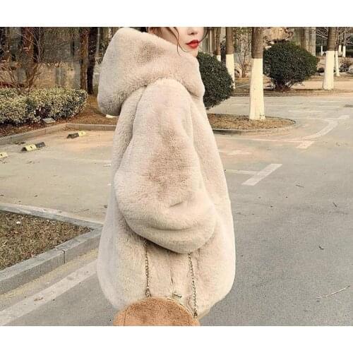 Winter Thick Warm Faux Rabbit Fur Coat New Women Long Sleeve Hooded Fur Jacket Coats Fashion Outwear
