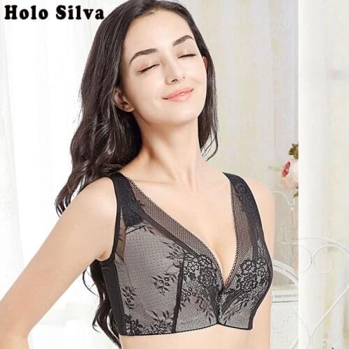 Full Cup Bra Lace Embroidery Big Size Thin Floral Underwear Female Big Breast Five Rows Buttons Bra Drop-Proof Full Cup Lace Bra
