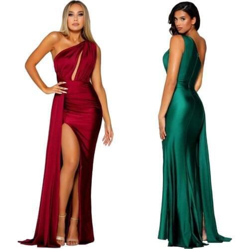 Diagonal Collar One Shoulder Hollow Out Side Split Long Sating Evening Maxi Dress Ribbon Sleeveless Party Gown