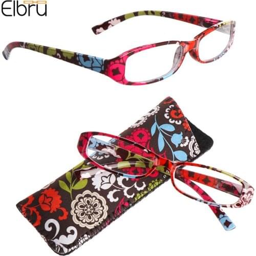 Elbru Print Reading Glasses With Bag Ultra Light Resin Square Flower Hyperopia Eyeglasses Presbyopia Portable Glasses With+1~+4