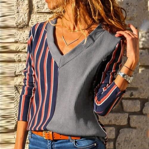 Elegant Stripe Print Patchwork Blouse Women Shirts 2021 Spring Autumn V-Neck Top Pullover Long Sleeve Slim Ladies Blouses