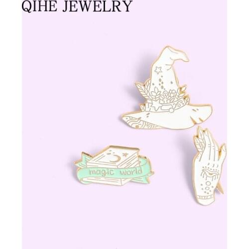 White Witch Enamel Pin Feather Book Hand Hat Brooches Backpack Lapel Pin Punk Goth Metal Badge Jewelry Gift for Women Wholesale