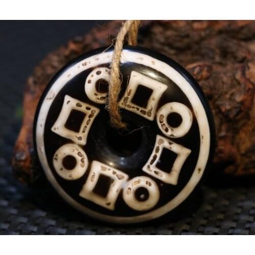 Energy Magic Power Tibetan Old Agate Heaven&Earth dZi Bead Thick Safety Knot Pendant AA