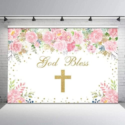 First Holy Communion Baby Shower Backdrop Floral First Communion Baptism Party Background for Girl Pink Flower God Bless Props