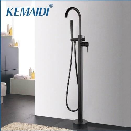 KEMAIDI Luxurious Black High Rise Round Spout Bath Mixer Tap Floor Mounted Bathtub Filler Shower Roman Tub Faucet Set