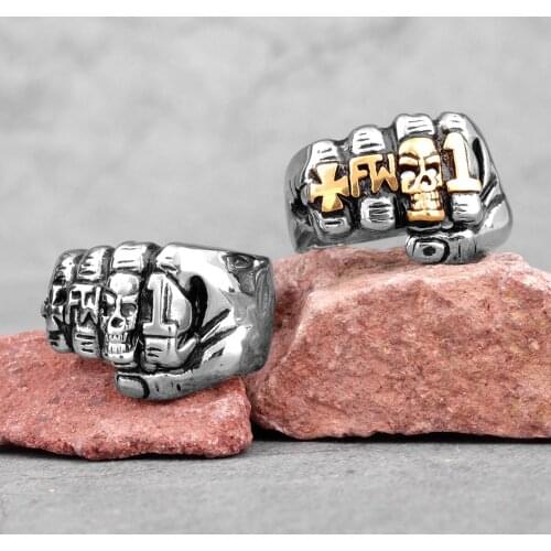 Fist Punch Skull Gold Men Rings Punk Hip Hop Personality for Boyfriend Male Stainless Steel Jewelry Creativity Gift Wholesale