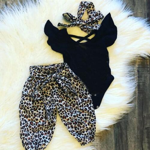 Newborn infant baby girl 3 pieces set clothes ruffle short sleeve top leopard pant headband suit kids infant girl clothing sets