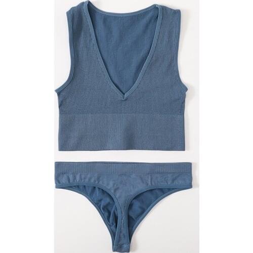 Deep V Ribbed Tops Underwear Set Women Crop Top Thong Fitness Bra Top Set Sexy Lingerie Seamless Brassiere Stretchy Sports Suits