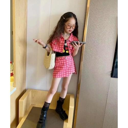 2021 Korea style girls 2 pcs plaid set blazer+skirt fashion summer girls suit 3-8t B287