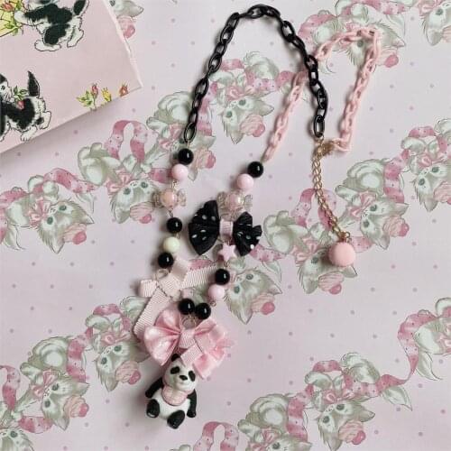 Handmade Lolita Sweet Necklace Black Sweet Panda Black Pink Cute Sweet