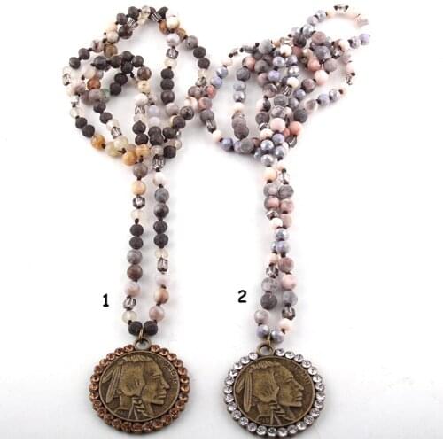 Fashion Bohemian Tribal Jewelry 6mm Natural Stones and Glass Long Knotted Crystal Disco Metal Buffalo Pendant Necklaces