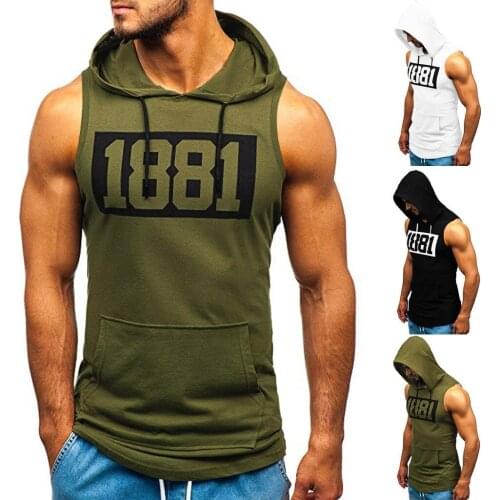 Men Hooded Bodybuilding Pocket Vest Tight-drying Tops Fitness Muscle Print Sleeveless Male Clothing Tank Tops Debardeur Hommes