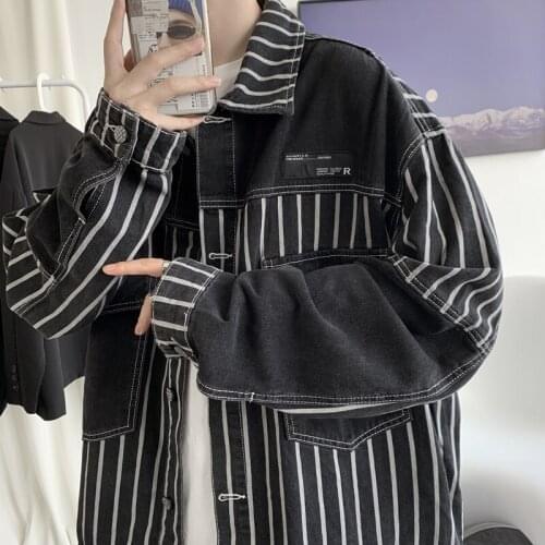 2021 New Autumn Stripe Jacket Mens Loose Denim Jacket Korean Clothes Mens Fashion Denim Jacket Men
