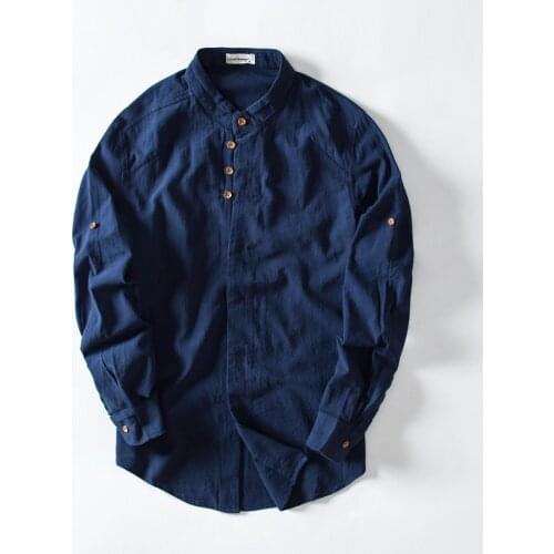 New design long sleeve linen shirt men solid casual flax shirts male plus size M-5XL stand collar shirt mens fashion chemise