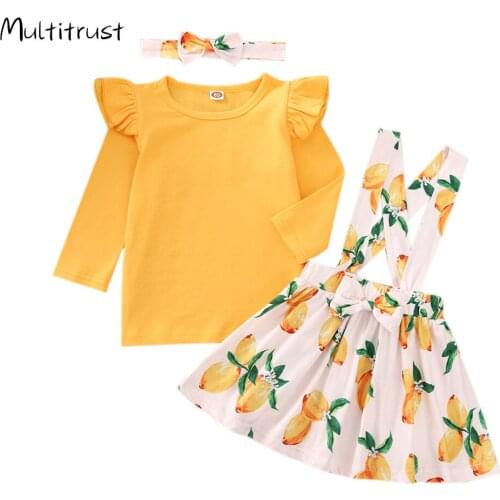 Toddler Girl Clothes 2020 Autumn Clothes O-Neck Ruffle Long-Sleeves Top + Lemon Printed Suspender Skirt + Hairband 3pcs