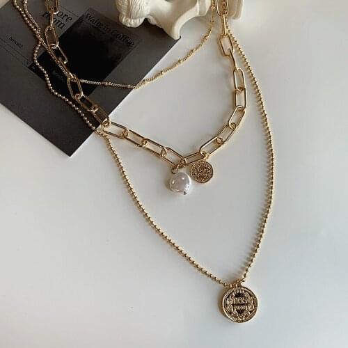 Origin Summer Korean Fashion Layering Portrait Coin Necklace Hollow Out Pendant Necklace for Women Chunky Chain Pearl Necklaces