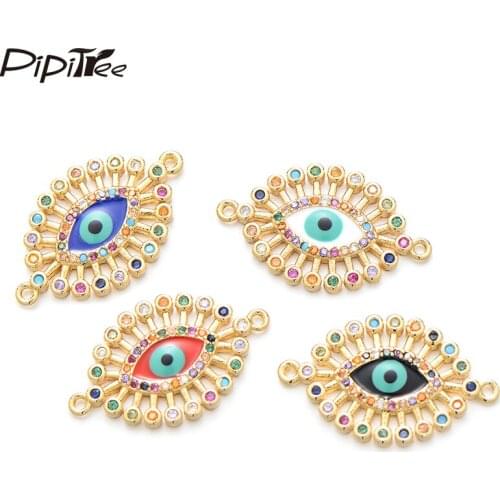 Pipitree Multi Color Micro Pave Cubic Zirconia Evil Eye Charms Fit Bracelet for Jewelry Making Gold Brass Copper Connector Charm