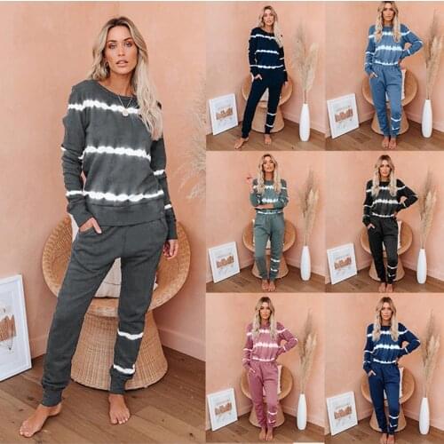 Fall Winter Long Sleeve Women Loungewear Sets Casual Stripe Tie Dye Print Homewear Loose Comfy Pajamas Femme Sleepwear Outfits