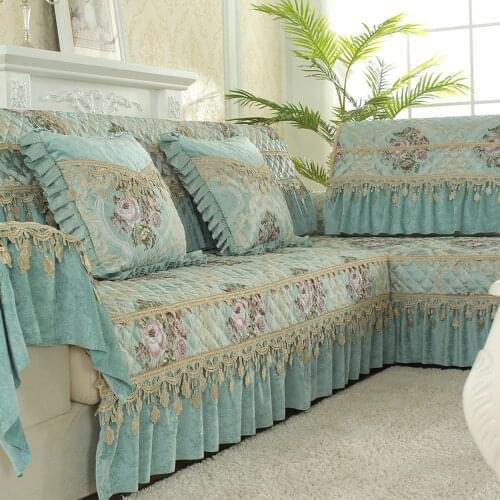 European Luxury Cotton Linen Sofa Cover Green Embroidered Jacquard Sofa Towel Cushion Mat Slipcover Exquisite Lace Sofa Set E5
