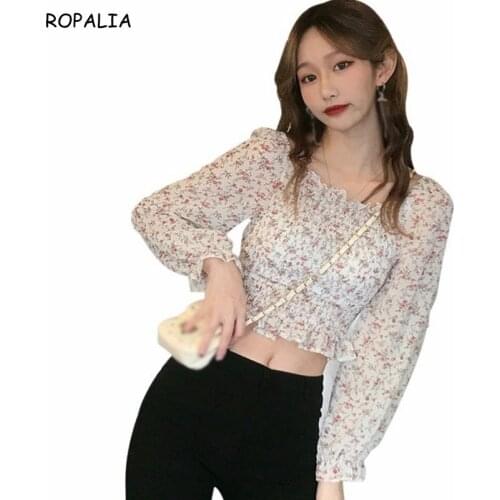 Summer Women Pleated Small Floral Print Chiffon Blouses Shirts Lady Casual Puff Sleeve Square Collar Blusas Top Feminina