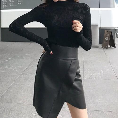 Spring 2021 Soft New Sheepskin Bag Hip Skirt A-LINE Womens Casual Real Eather Short Black Genuine Leather Asymmetrical Skirt