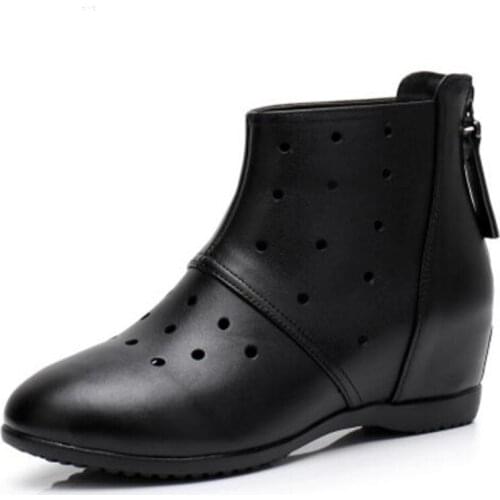 2020 New Summer Autumn Women Boots Flat Increase Within Genuine Leather Shoes Casual Hollow Summer Sandals Plus Size Ankle Boots