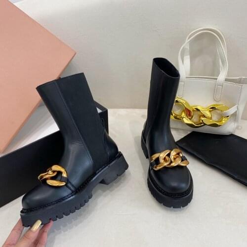 Autumn New Metal Decor Women Boots Round Toe Women Shoes Mid-Calf Boots Woman Slip-On Shoes Woman Fashion Soft Genuine Leather