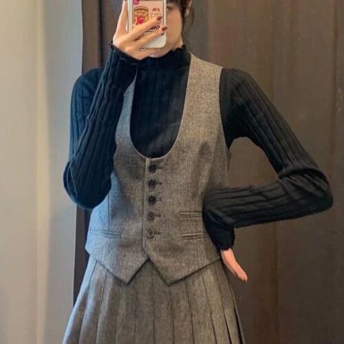 2021 New Women Tweed Houndstooth Short Vest Coat Spring Plaid Checked Sleeveless Jacket Fashion Elegant Waistcoat Tank Top