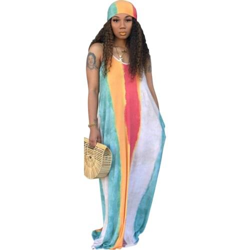 S-XL S-XXL Womens Summer Suspender Maxi Dress Plus Size Striped Printed Sleeveless with Pockets and Belt