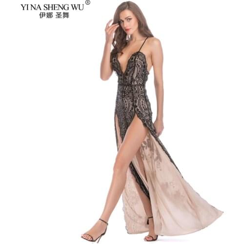 Women Summer Sequin Gown Evening Long Slit Dress Sexy Deep V Neck Strappy Cross Backless Party Dresses De Soiree Plus Size
