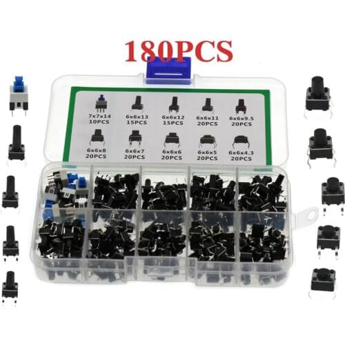 180 Pcs/set 10 Type 6*6 Light Micro Touch Switch Set Push Button Switch Kit Assortment Set Diy Tool Accessories