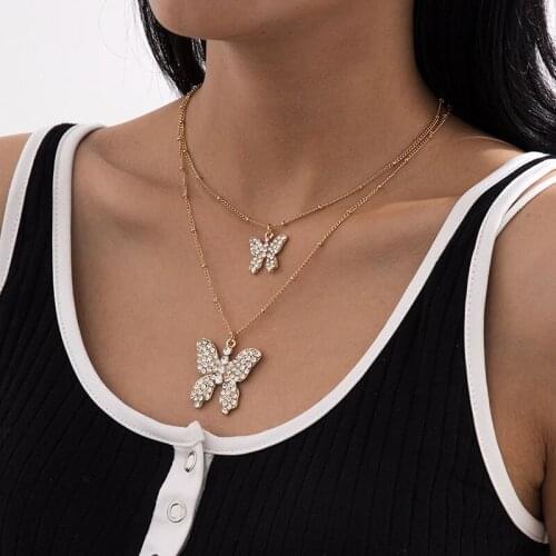 2pcs/set Rhinestone Butterfly Pendant Necklaces for Women Fashion Gold Color Thin Chains Choker Collar Goth Party Jewelry EH24