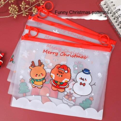 5pcs Christmas Zipper Pencil Case Red Clear Waterproof Square Cosmetic Organizer Student Cute Eraser Ruler Storage Pencil Bag