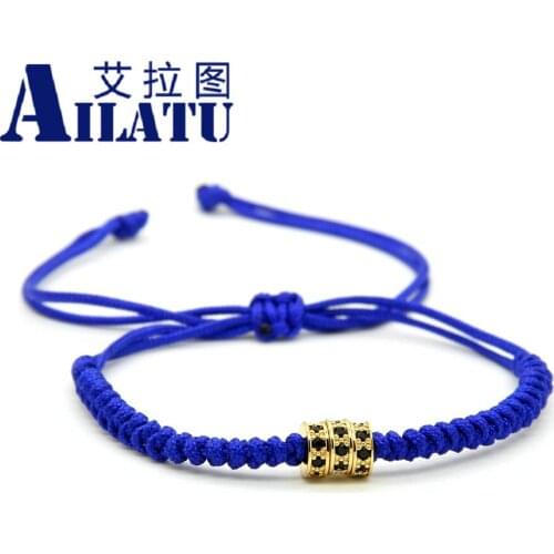 Ailatu Wholesale 10pcs/lot Top Quality Jewelry ,Pave Setting Black CZ Round Stoppers Connector Braiding Blue Macrame Bracelet