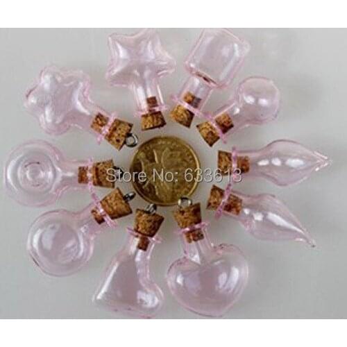 Free Ship! 20pieces/lot mixed shape cork glass bottle with eye hook 20mm small charm gass bottle glass vial pendant 7 colors