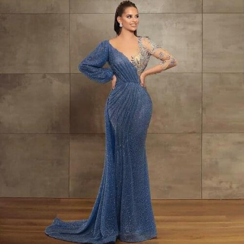 Sparkly Sequined Prom Dresses Mermaid Long Sleeves Sexy Evening Dress Pleated Sequins Illusion Special Occasion Gown vestidos