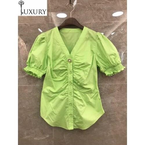 Casual Summer 100%Cotton 2020 Blouses Women V-Neck Pleated Deco Short Sleeve Fashion Button Shirts Green White Orange