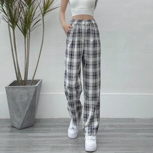 Spring Summer Women Casual Navy Plaid Wide Leg Pants Loose High Waist Slim Straight Harem Trousers Sportswear Sweatpants