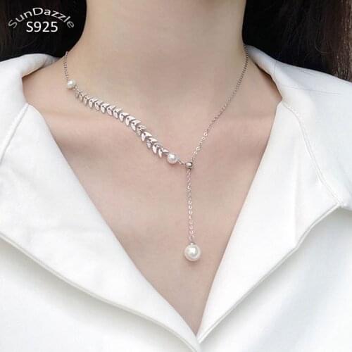 Genuine Real Pure Solid 925 Sterling Silver Pendant Necklace for Women Jewelry Leaf CZ Pearls Female Gold Chain Necklace