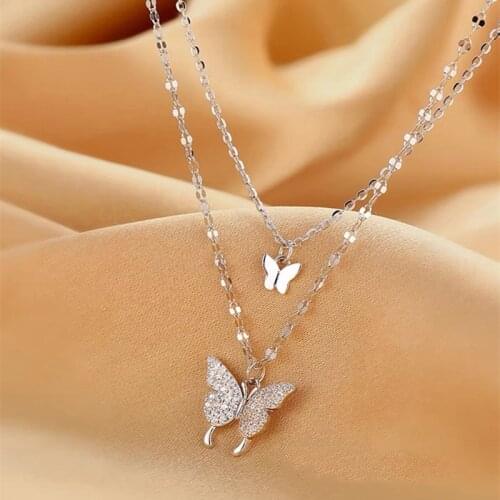 Crystal Multi-Layer Link Chain Butterfly Pendant Necklace Charm Clavicle Chain Choker Necklace For Women Statement Jewelry