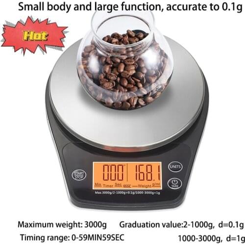 0.5/3KG Home Coffee Electronic Scale Baking Scale Mini Digital Coffee Scale LED Display Timer Stainless Steel Kitchen Scale
