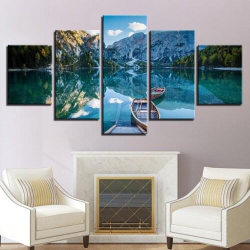 HD Prints Canvas Wall Art Pictures Home Decor 5 Pieces Snow Mountain Boat Lake Trees Natural Landscape Modular Picture(No Frame)