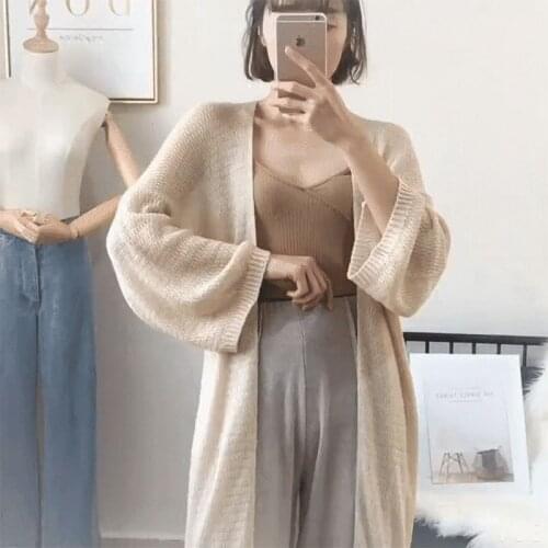 Summer Mid-Length Knitted Sun Protection Clothing Womens Student Long Sleeve Hollow-out Loose Air-Conditioner Cardigan Coat