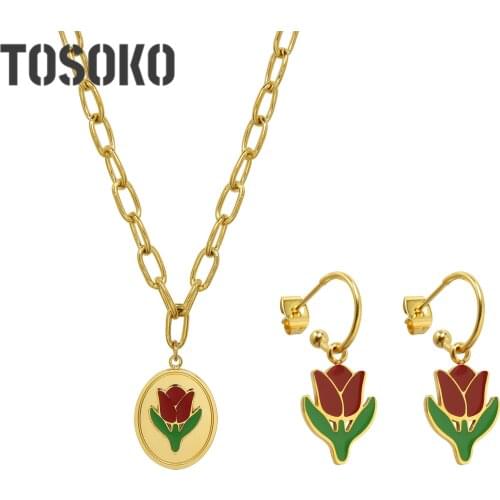 TOSOKO Stainless Steel Jewelry Tulip Flower Earrings Womens Elegant Fashion Pendant Necklace Set BSF483-BSP1090