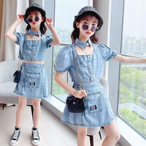 Summer Girls Denim Suits Clothing Sets Fashion 2021 Girls 2 pcs Denim Set Shirt+Skirt Fashion Cotton Girls Suit