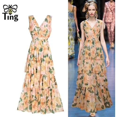 Tingfly Runway Fashion Dresses Sexy V Neck Layered Ruffles Summer Women Luxury Party Dinner Dresses Princess Vogue Chic Vestidos
