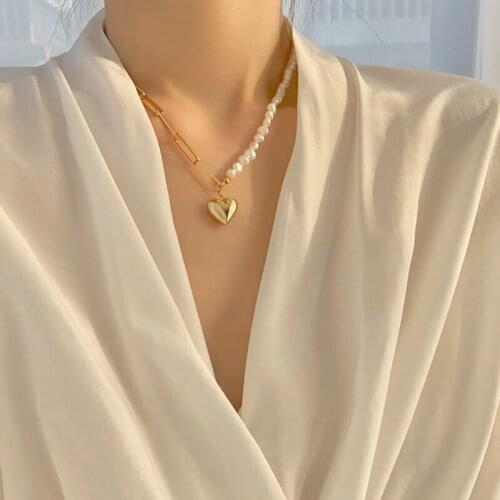 Copper Plated 14k Gold Freshwater Pearl Heart Pendant Fashion Wedding Charming Korean Necklace Jewelry for Women Gift New