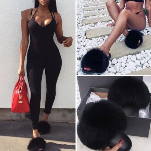 Fur Slippers Women Summer Fashion Fluffy Plush Plush Flip-Flops Luxury Charming Authentic Non-Slip Wear-Resistant Fox Fur Sandal