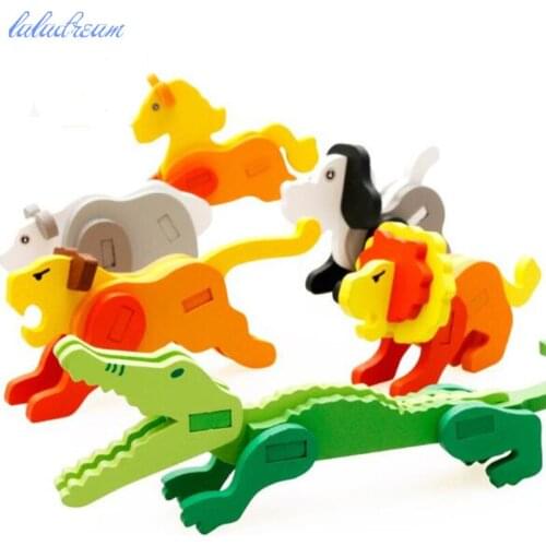 Cartoon wooden montessori animal toy 3D puzzle montessori Educational Funny Toy Kids Disassembly Assembly rabbit dolphin